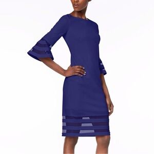 Calvin Klein Navy Peekaboo Stripe Bell Sleeve Dress Sz 12 Career Party EUC Rare